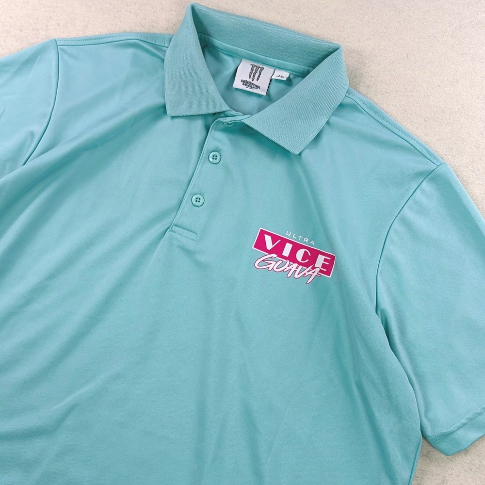 Monster Energy Ultra Vice Guava Polo Shirt Mens Large Light Blue Graphic Logo